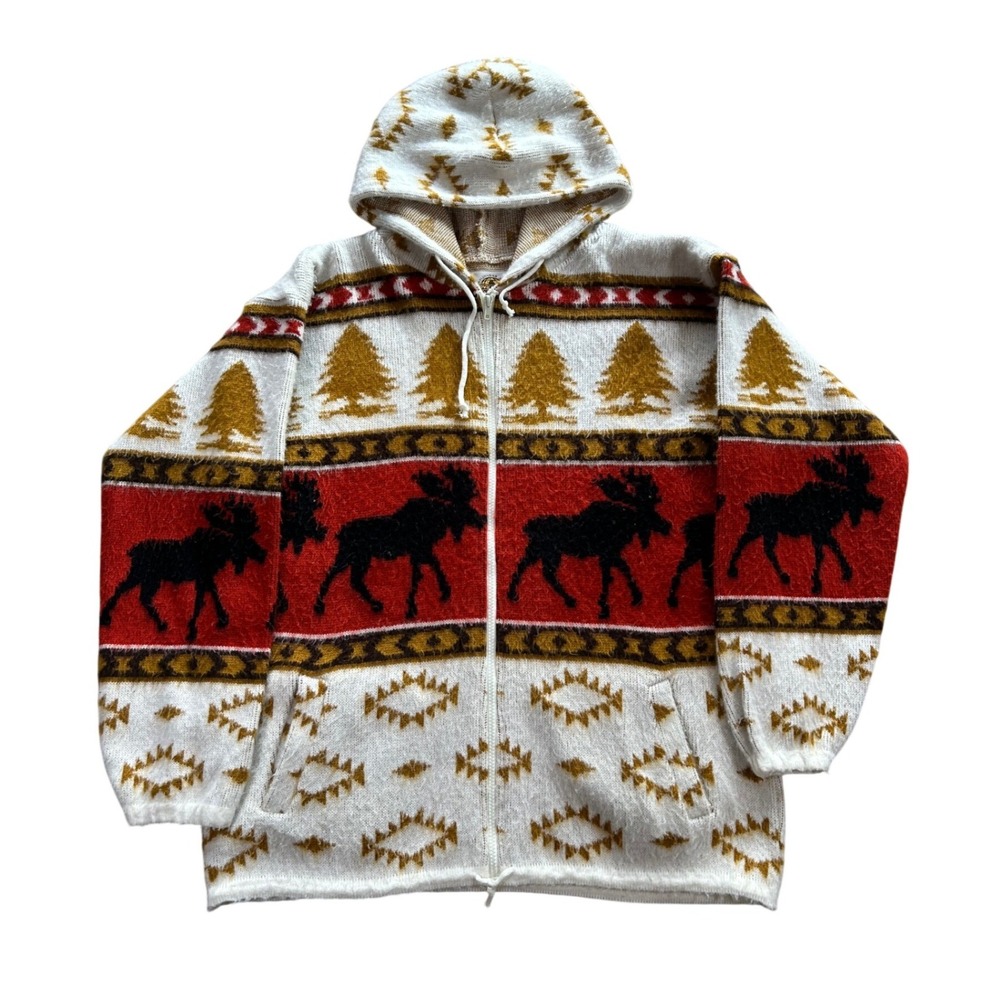 Vintage Earth Ragz Mens Full Zip Hooded Sweater Moose Southwestern Aztec L/XL